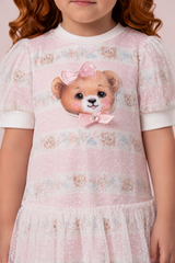 VESTIDO  ESTAMPA DE URSOS COM SOBREPOSIÇÃO DE TULE POÁ