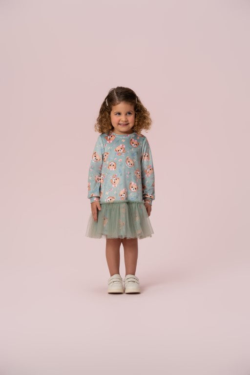 VESTIDO DE PLUSH URSOS COM BABADO DE TULE PETIT CHERIE