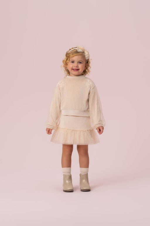 CONJUNTO EM PLUSH COM SAIA BABADO TULE PETIT CHERIE