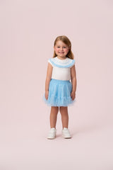 CONJUNTO COM GOLA BORDADA E SAIA DE TULE AZUL PETIT CHERIE