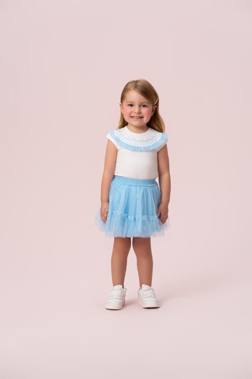 CONJUNTO COM GOLA BORDADA E SAIA DE TULE AZUL PETIT CHERIE