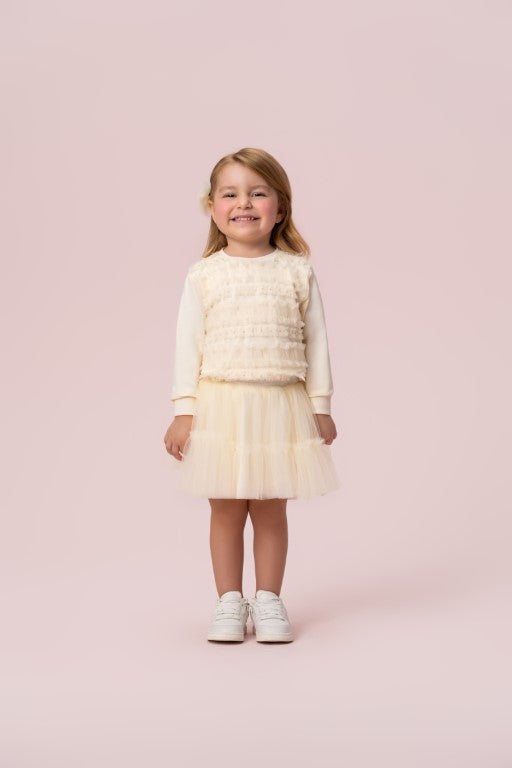 CONJUNTO BLUSA E SAIA COM BABADOS DE TULE E APLICAÇÃO DE PÉROLAS PETIT CHERIE
