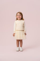 CONJUNTO BLUSA E SAIA COM BABADOS DE TULE E APLICAÇÃO DE PÉROLAS PETIT CHERIE