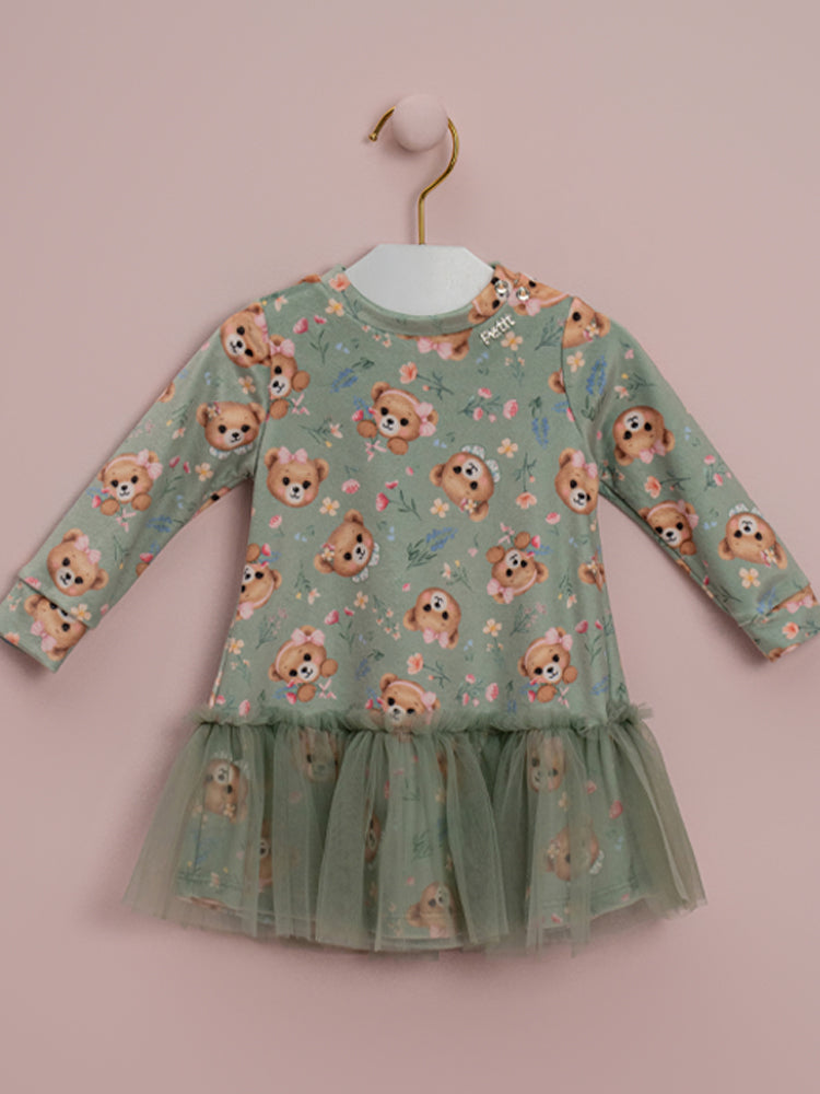 VESTIDO BEBÊ PLUSH URSOS COM BABADO DE TULE PETIT CHERIE
