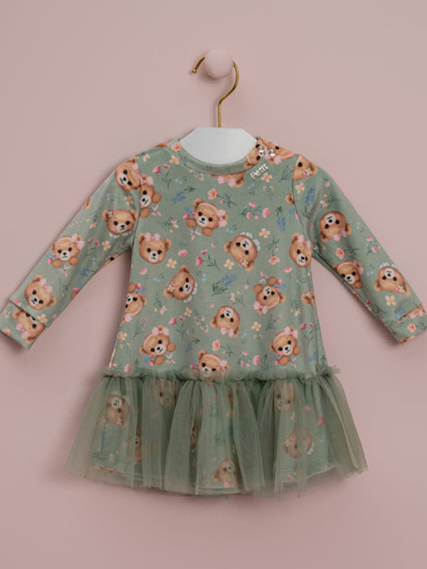 VESTIDO BEBÊ PLUSH URSOS COM BABADO DE TULE PETIT CHERIE
