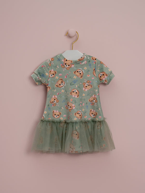 VESTIDO PLUSH URSOS COM BABADO DE TULE PETIT CHERIE