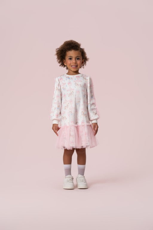 VESTIDO PLUSH MANGA LONGA CARROSEL E BABADOS DE TULE PETIT CHERIE