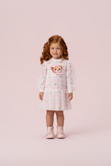 VESTIDO MANGA LONGA ESTAMPA DE URSOS COM SOBREPOSIÇÃO DE TULE POÁ PETIT CHERIE