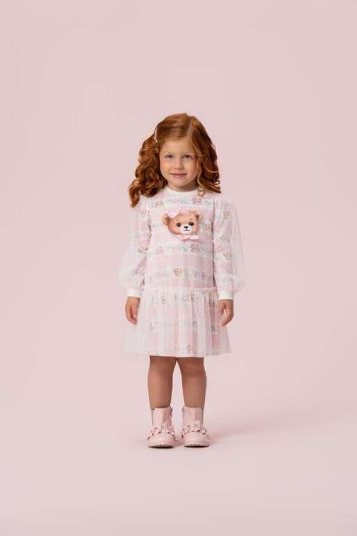 VESTIDO MANGA LONGA ESTAMPA DE URSOS COM SOBREPOSIÇÃO DE TULE POÁ PETIT CHERIE