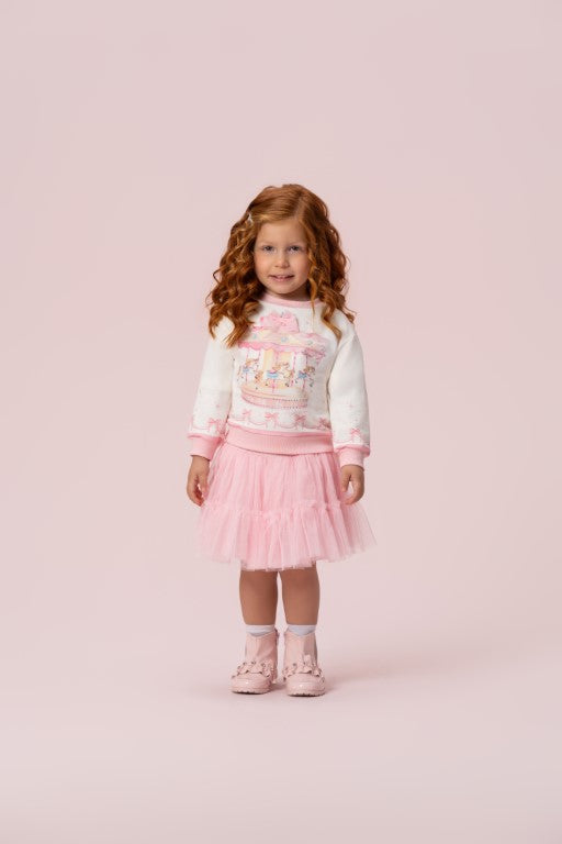 CONJUNTO MOLETOM COM ESTAMPA CARROSSEL E SAIA DE TULE PETIT CHERIE