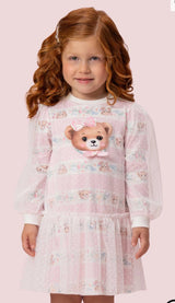 VESTIDO MANGA LONGA ESTAMPA DE URSOS COM SOBREPOSIÇÃO DE TULE POÁ PETIT CHERIE