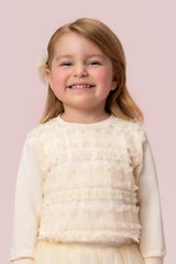 CONJUNTO BLUSA E SAIA COM BABADOS DE TULE E APLICAÇÃO DE PÉROLAS PETIT CHERIE