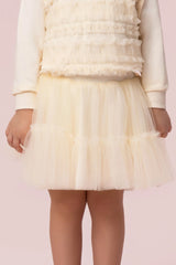 CONJUNTO BLUSA E SAIA COM BABADOS DE TULE E APLICAÇÃO DE PÉROLAS PETIT CHERIE