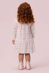 VESTIDO MANGA LONGA ESTAMPA DE URSOS COM SOBREPOSIÇÃO DE TULE POÁ PETIT CHERIE