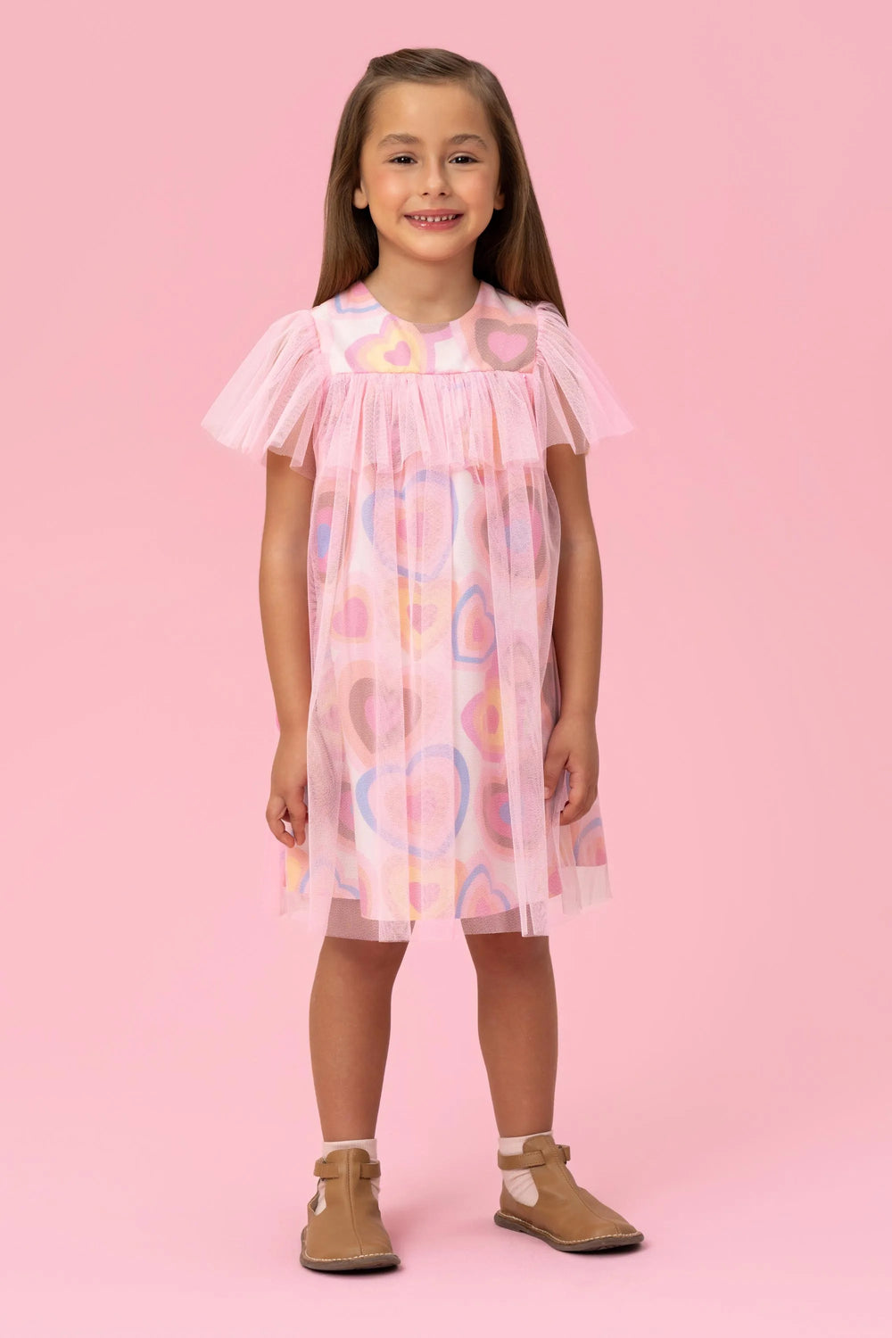 VESTIDO ESTAMPA CORAÇÕES COM SOBREPOSIÇÃO EM TULE MON SUCRÉ