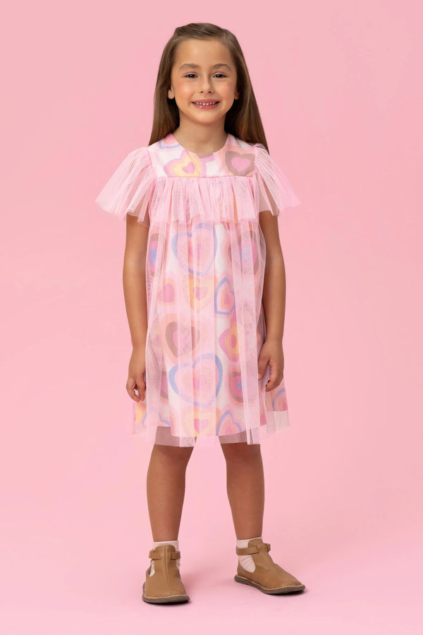 VESTIDO ESTAMPA CORAÇÕES COM SOBREPOSIÇÃO EM TULE MON SUCRÉ