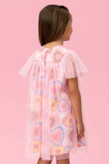 VESTIDO ESTAMPA CORAÇÕES COM SOBREPOSIÇÃO EM TULE MON SUCRÉ