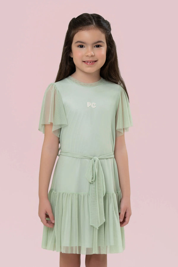 VESTIDO DE TULE COM BABADOS E AMARRAÇÃO NA CINTURA PETIT CHERIE